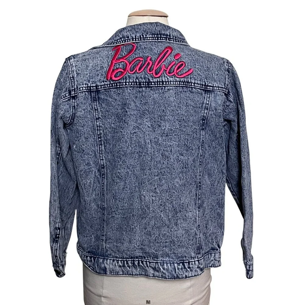 Barbie Girls Denim Trucker Jacket Size XL Acid Wash Pink‎ Embroidered Logo Retro